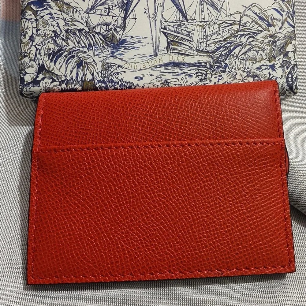 Dior Red Grained Leather Saddle Card Case with Gold 'D' Charm